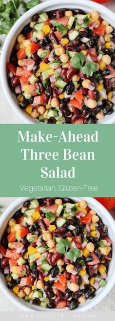 two white bowls filled with bean salad and the words make - ahead three bean salad