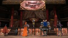 some knights are standing in front of a stage