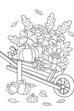 a wheelbarrow filled with flowers and pumpkins on the ground, coloring page