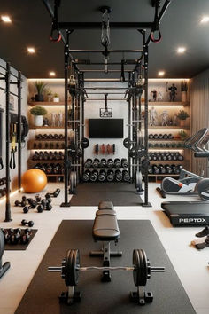 Home gyms don't need to be bleak. Workout equipment that’s been relegated to your basement or tucked into a garage corner can still look really good—with the help of a little paint, wallpaper, good lighting, and a few plants, you can totally transform the space you break a sweat in. Home Gym Interior Design Nails Moody Farmhouse Modern Farmhouse Rutic Decor Home Inspo Yoga Trends Yoga Poses Fitness Studio Ideas Fitness Inspo Nail Ideas House Gym Ideas Small Spaces, Basketball Room