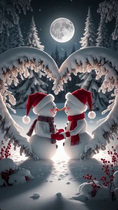 two snowmen are standing in the middle of a heart shaped frame with trees and moon behind them