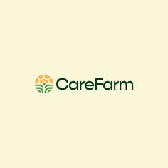 the care farm logo is shown in green and yellow colors on a white background with an orange flower