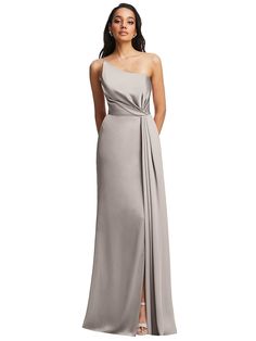 One-shoulder Draped Skirt Satin Trumpet Bridesmaid Dress In Taupe | The Dessy Group Pre-draped Floor-length One Shoulder Dress For Gala, Pre-draped One Shoulder Floor-length Evening Dress, Pre-draped One Shoulder Evening Dress With Sweep Train, Satin One Shoulder Dress With Sweep Train For Gala, One-shoulder Gown With Ruched Bodice Pre-draped, Elegant One Shoulder Gown With Satin Finish, Elegant One-shoulder Gown With Satin Finish, One-shoulder Bias Cut Evening Dress For Prom, One Shoulder Bias Cut Evening Dress For Prom