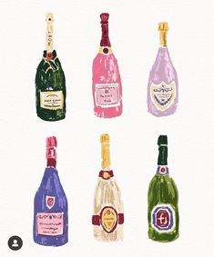 six bottles of wine are shown in this watercolor painting by artist susan grisby