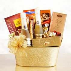 a gold basket filled with lots of different items