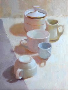 an oil painting of coffee cups and saucers sitting on a counter top next to each other