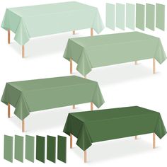 the tablecloths are green and have wooden legs