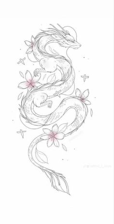 a drawing of a dragon with flowers on it