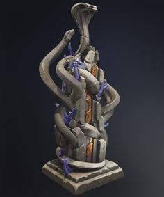 a sculpture made out of various objects on a black background