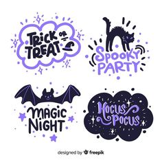 four stickers with different types of halloween related items in purple, black and white