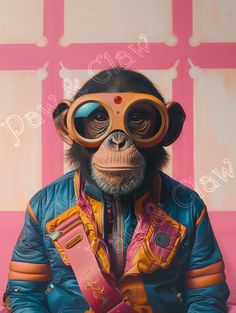 a painting of a monkey wearing goggles and sitting on a pink bench with his hands in his pockets