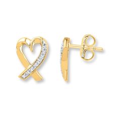 Hearts crafted of 10K yellow gold are decorated in diamonds in these romantic earrings for her. The earrings are secured with friction backs. Romantic Earrings, Gold Stock, Sweet Earrings, Jewelry Education, Jewelry Advice, Solitaire Earrings, Kay Jewelers, Earrings Diamond, Accessories Jewelry Earrings