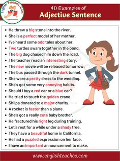 an english worksheet with the words adjective sentences for children to use