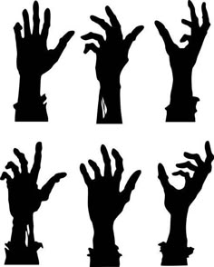 six silhouettes of zombie hands, each with their own arm extended and the other hand outstretched