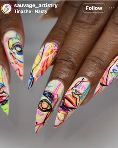 Graffiti Nail Art, Abstract Nail Art, Fingernail Polish, Almond Nails Designs, Almond Nail, Nail Art Inspiration, Dope Nails