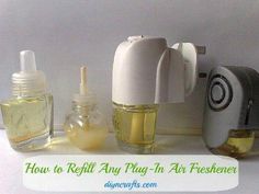 an assortment of perfumes and hand sanitizers sitting on a counter with the words how to refil any plug - n - air freshener