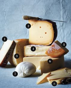 a bunch of different types of cheese on a blue surface with numbers in the middle