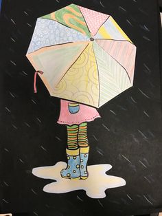 a drawing of a girl holding an umbrella in the rain