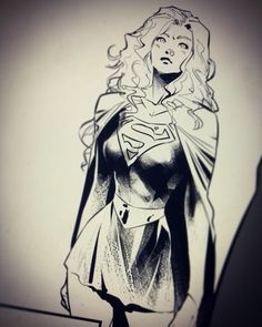 a black and white drawing of a woman in a superman costume