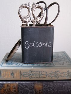 a couple of scissors sitting on top of a book next to some books with writing on them