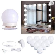 an image of a vanity mirror with lights and bulbs on the floor next to it