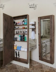 two mirrors in a bathroom next to each other with bottles on the shelf and shelves below them