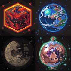 four pixellated images of different planets and their respective colors are shown in this image