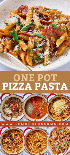 the one pot pizza pasta is ready to be eaten and served with other dishes in it