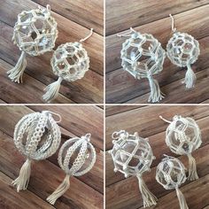 four pictures of different ornaments on a wooden floor, one with tassels and the other with beads