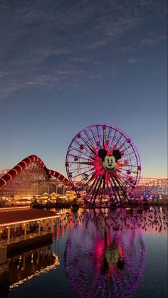 an amusement park with a ferris wheel and mickey mouse