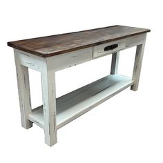 a wooden table with two drawers on one side and an open shelf on the other