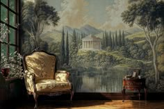 a chair sitting in front of a window next to a painting on the wall with trees