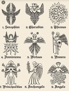 an old book with different types of angels and their names in black ink on white paper