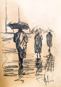 a drawing of people walking in the rain with umbrellas