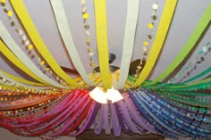 the ceiling is covered with colorful streamers