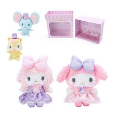 hello kitty toys are shown in three different styles and colors, including pink, purple, yellow, and blue