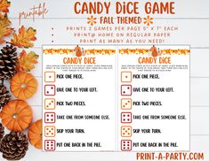 printable candy dice game with pumpkins and pine cones