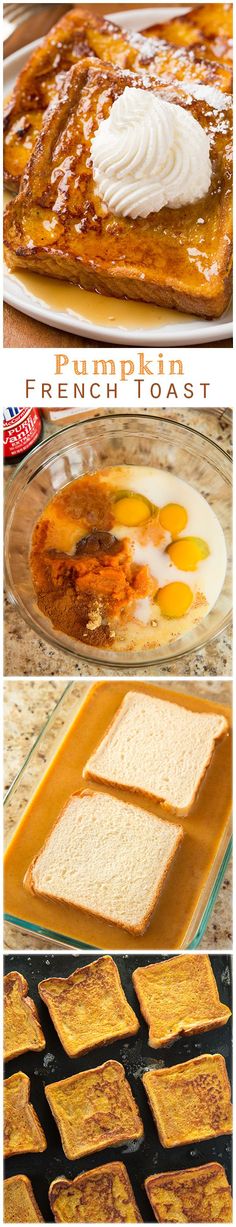 the process of making french toast with eggs and butter on top, in different stages