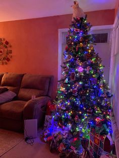 a cat sitting on top of a christmas tree next to a couch in a living room