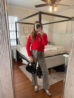 Ganni Leopard Jeans, Leopard And Red Outfit, Leopard Jeans Outfit, Leopard Jeans, Embellished Flats, Red Cardigan, Red Outfit, Jean Outfits, Plus Size Outfits