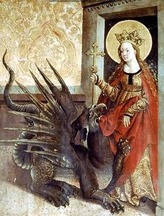 a painting of a woman standing next to a dragon and another creature in front of her