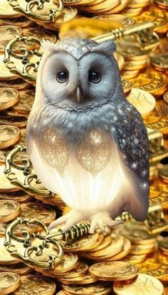 an owl sitting on top of a pile of gold coins