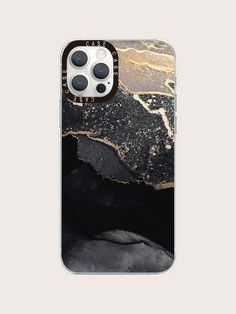 an iphone case with black and gold marble