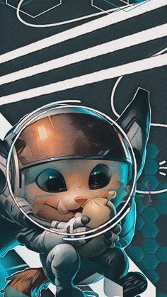 a cat in an astronaut's helmet on top of a black and white background