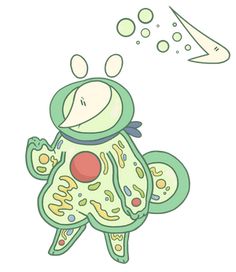 a cartoon frog with bubbles floating in the air and an airplane flying above it's head