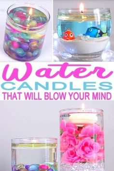 there are candles that have been placed in the glass vases with flowers and fish inside