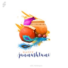 happy janmas holiday greeting card with colorful items and feathers on white background, watercolor style