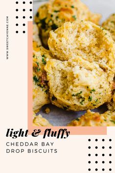 some food is on a white plate with pink and black dots around the edges that says, light & fluffy cheddar bay drop biscuits