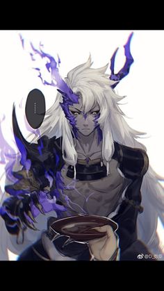 an anime character with white hair holding a cup in one hand and a frying pan in the other