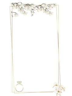 a wedding frame with flowers and a diamond ring on the bottom, in front of a white background